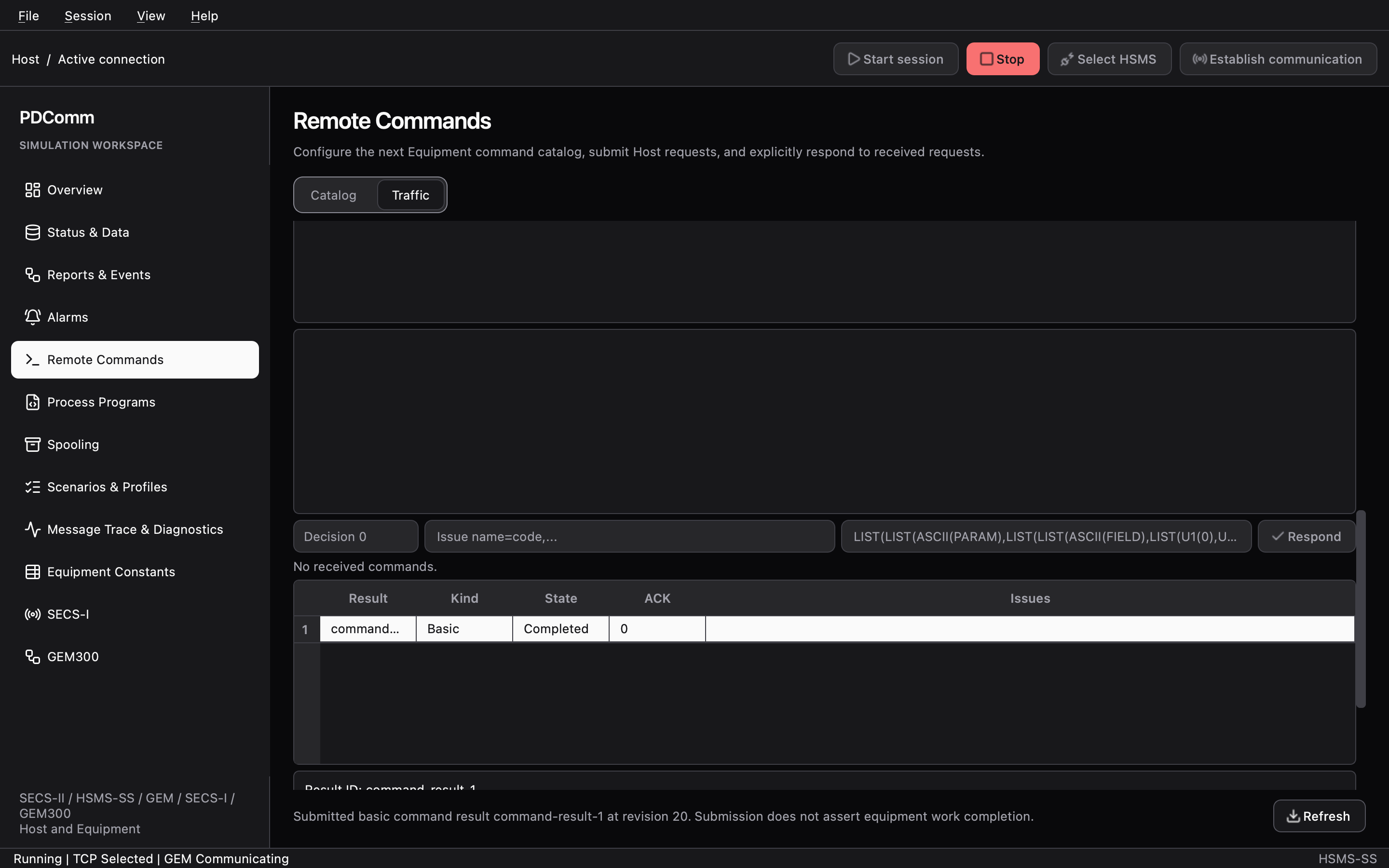 Traffic tab of Remote Commands on the Host showing the result of the START command.