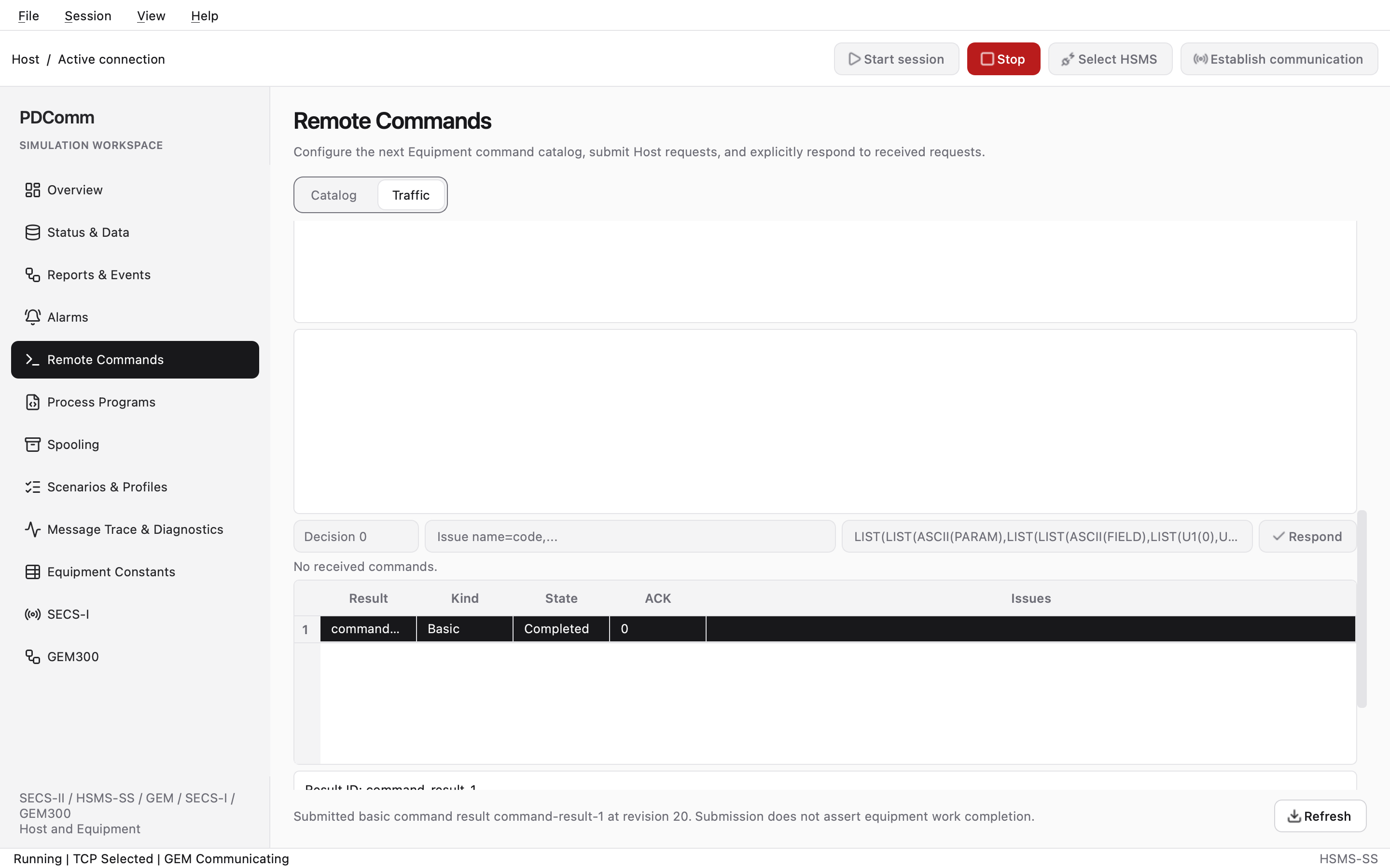 Traffic tab of Remote Commands on the Host showing the result of the START command.