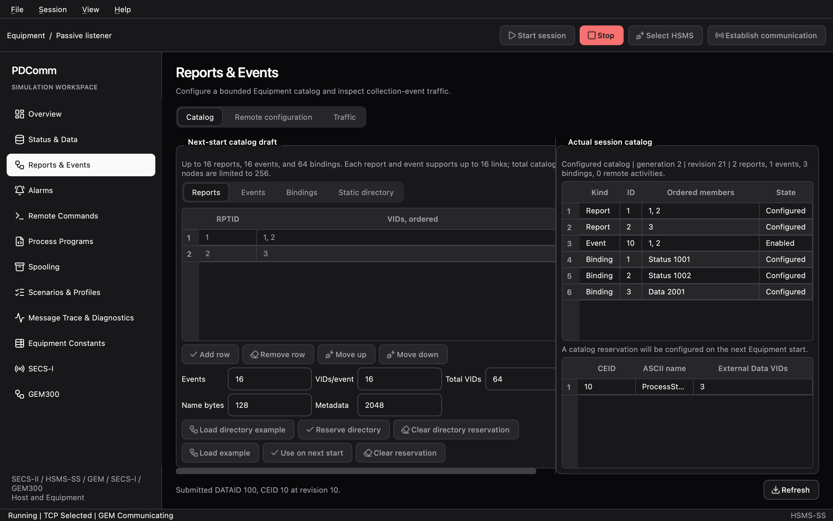 Catalog tab of Reports & Events on the Equipment showing the actual report and event catalog of the session.
