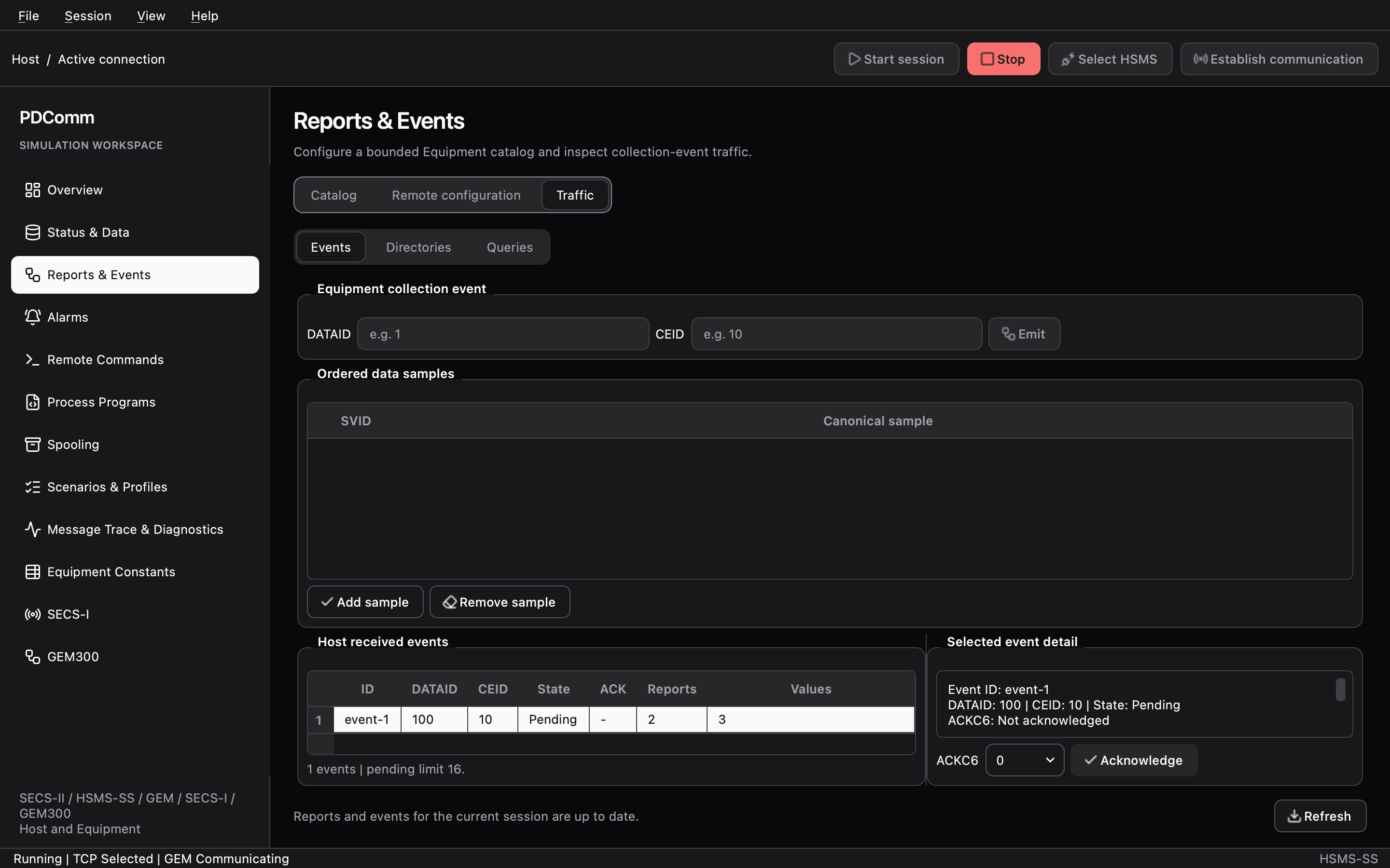 Traffic tab of Reports & Events on the Host showing an event report received from the Equipment.