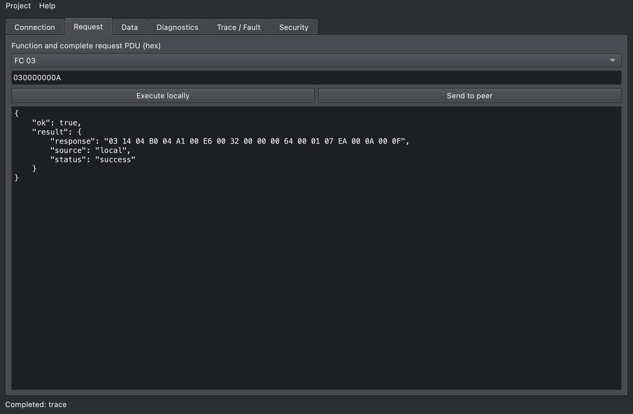 Request tab: FC 03 with PDU 030000000A executed locally, response shown in hex