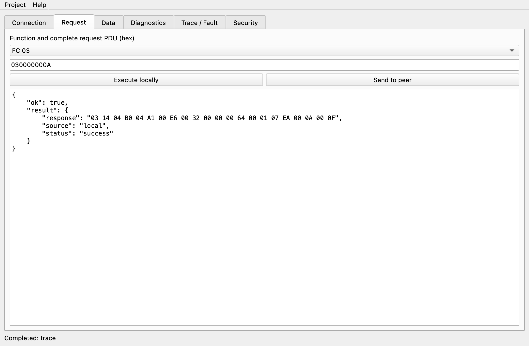 Request tab: FC 03 with PDU 030000000A executed locally, response shown in hex