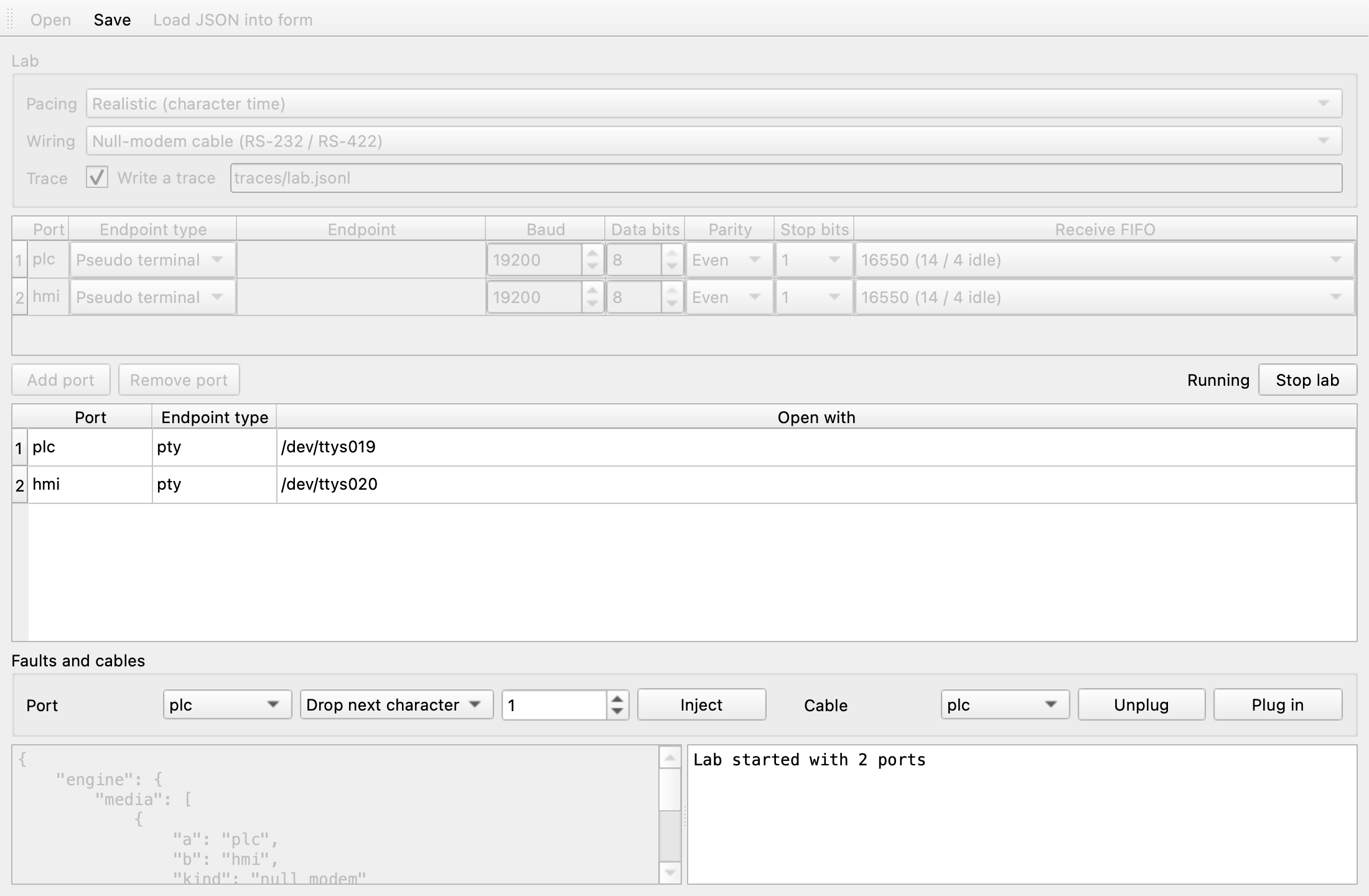 The running lab with the pseudo terminal path of each port in the running ports table