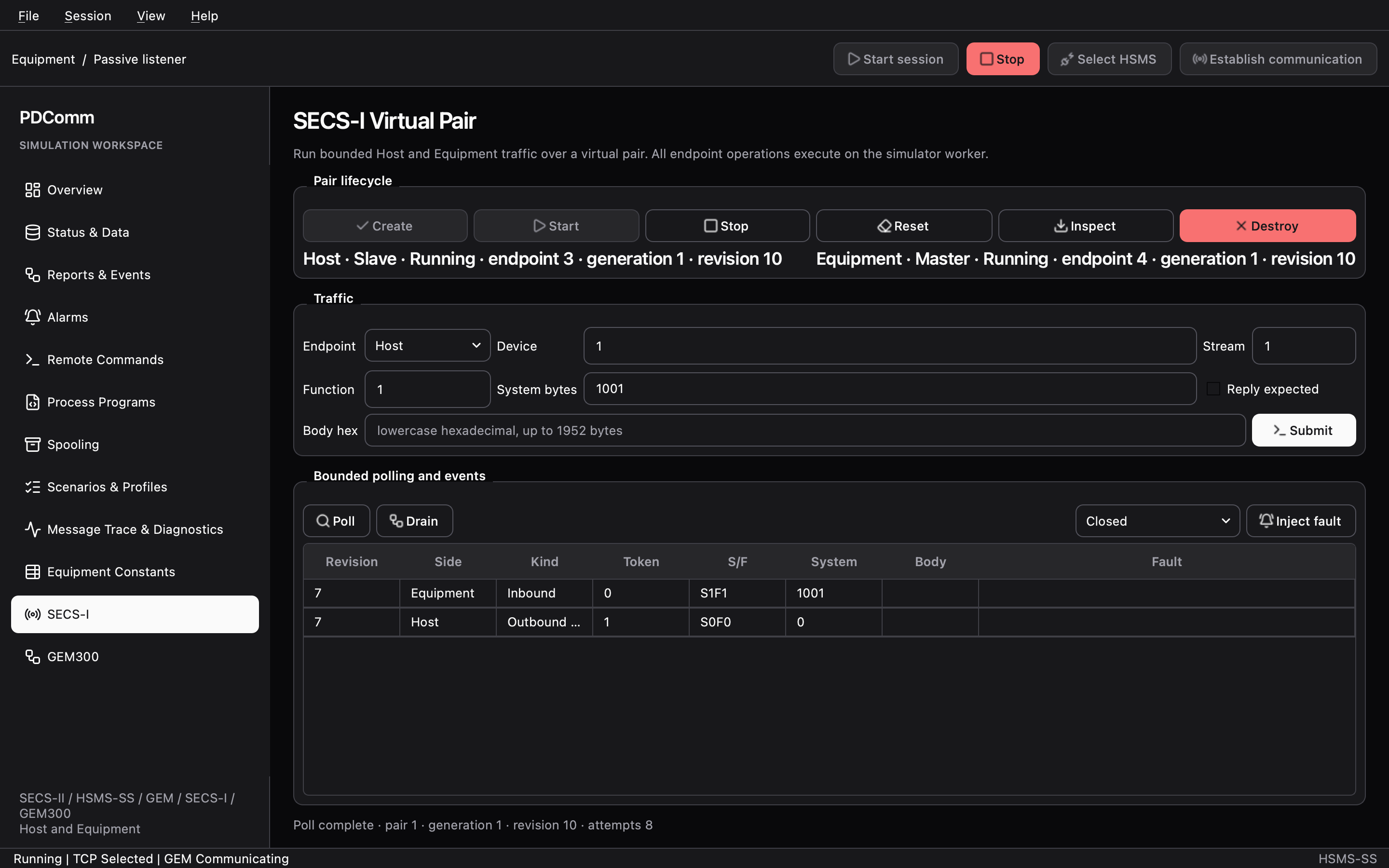 SECS-I workspace showing the pair lifecycle buttons and the event table.