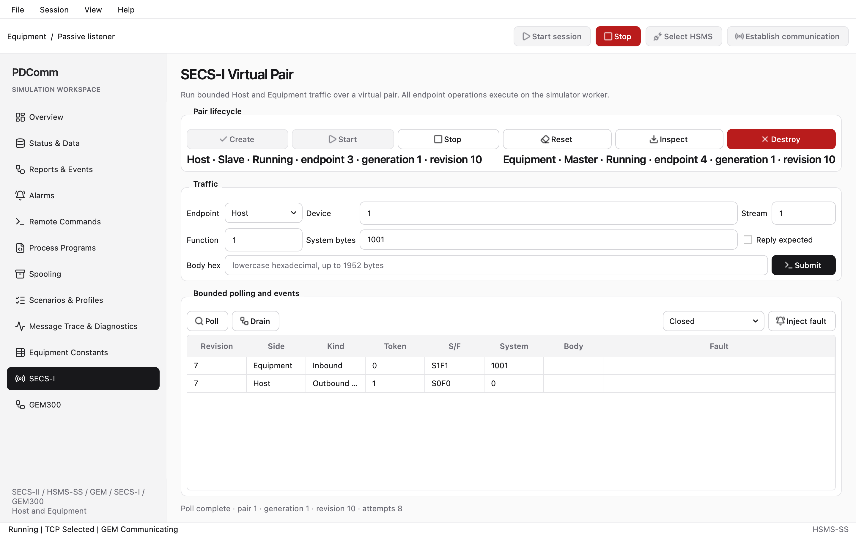 SECS-I workspace showing the pair lifecycle buttons and the event table.