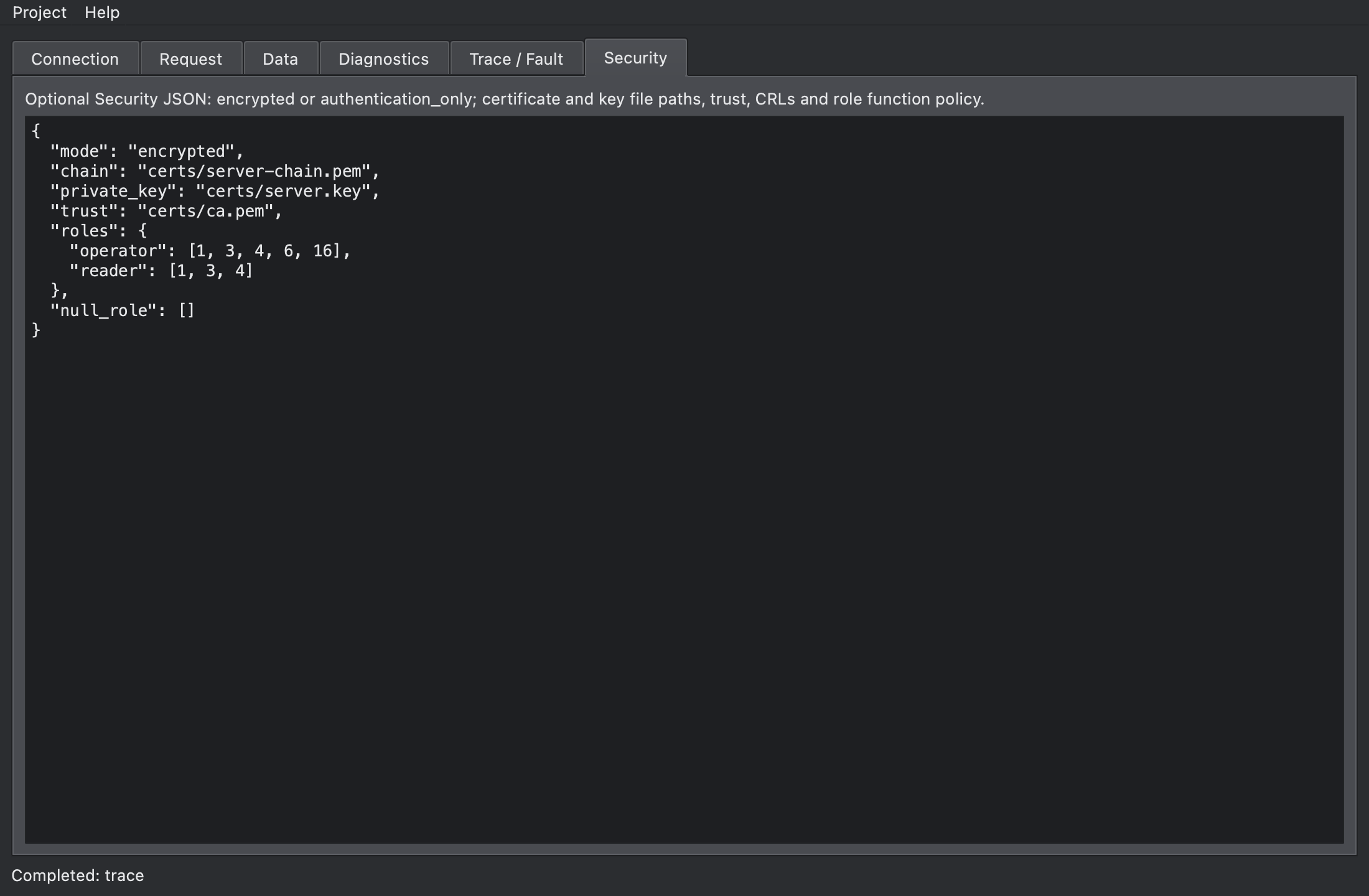Security tab with a Security JSON containing mode, chain, private_key, trust, roles and null_role
