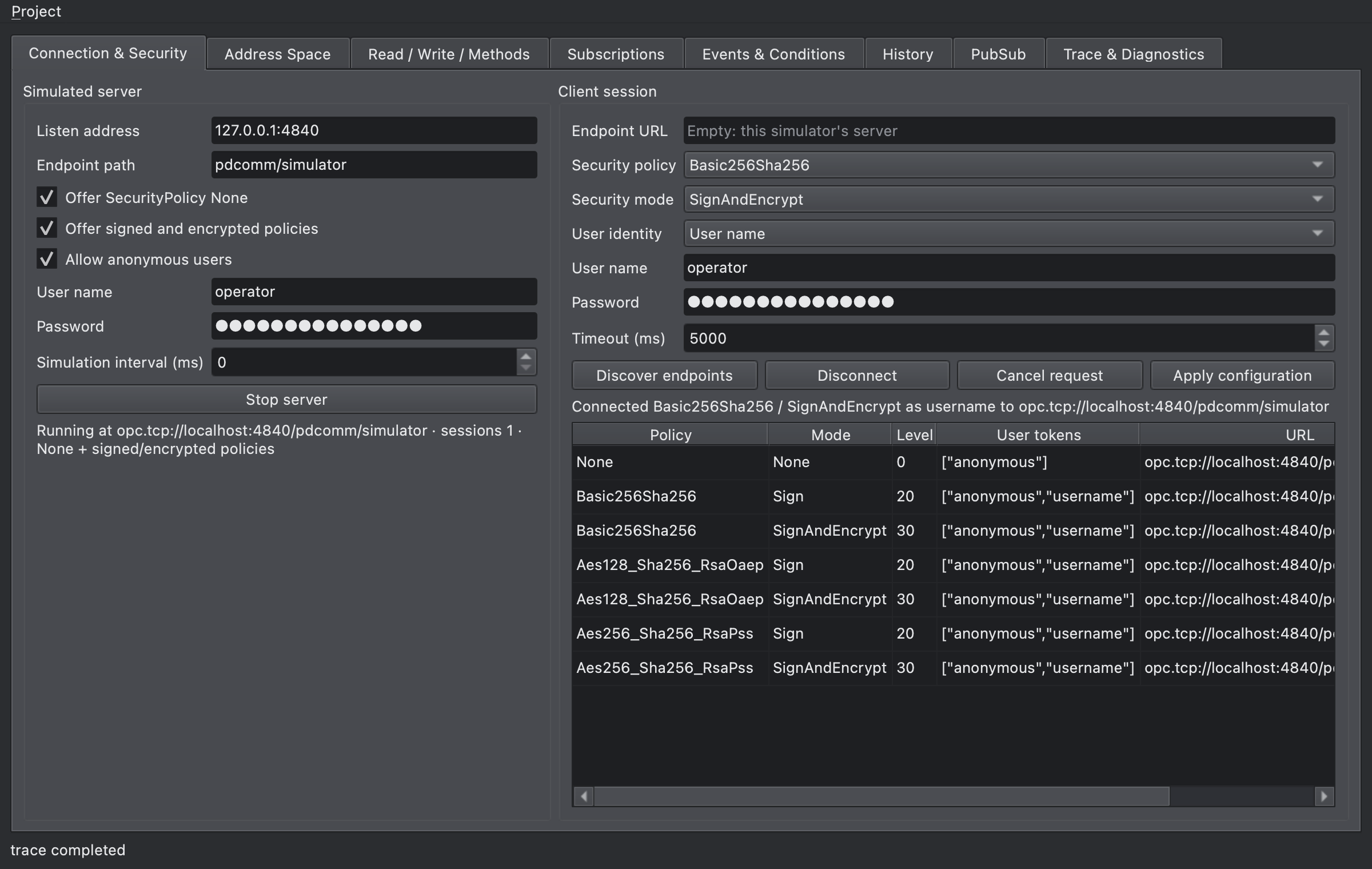 Connection & Security tab connected with a user name over a Basic256Sha256 SignAndEncrypt endpoint