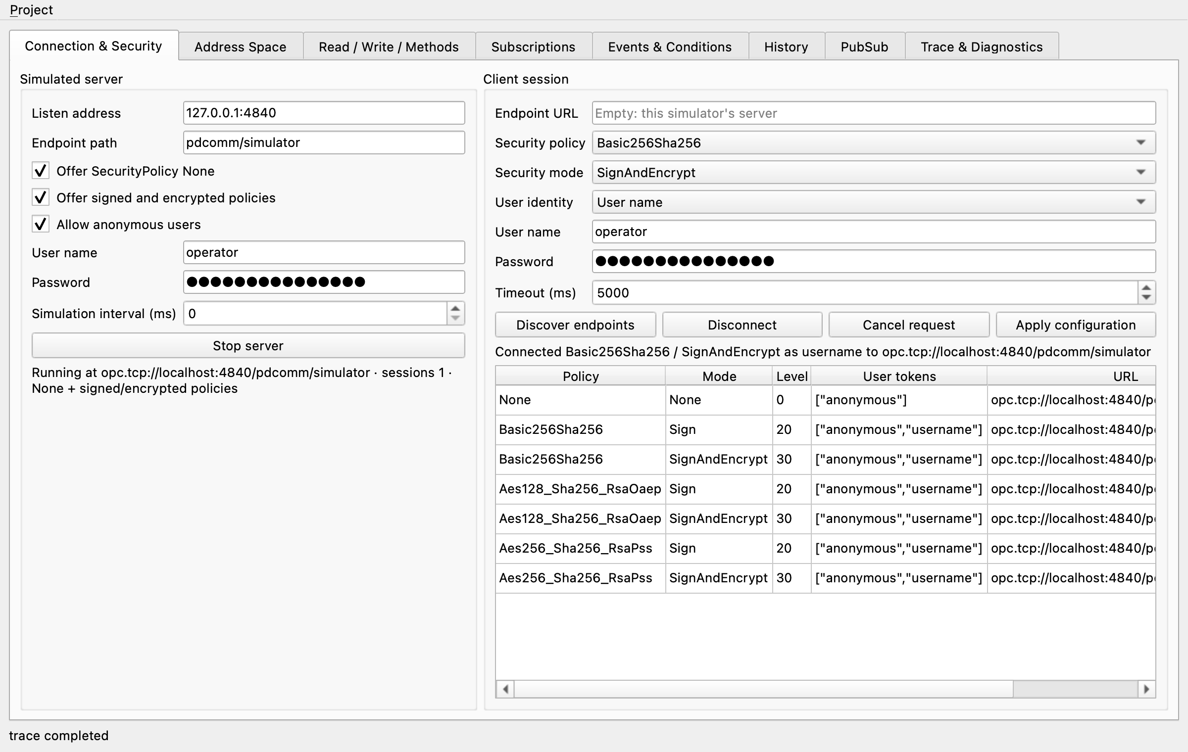 Connection & Security tab connected with a user name over a Basic256Sha256 SignAndEncrypt endpoint