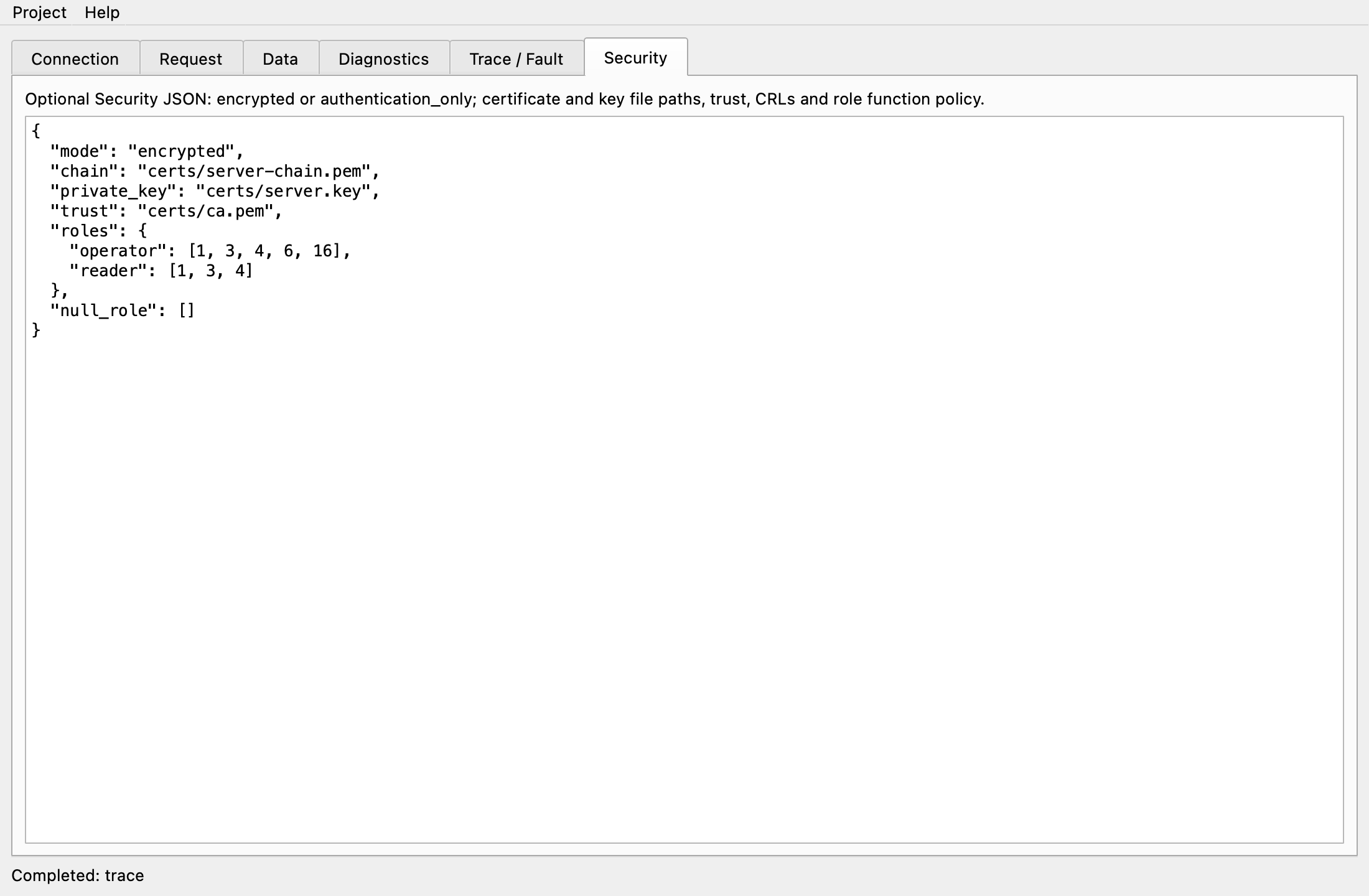 Security tab with a Security JSON containing mode, chain, private_key, trust, roles and null_role