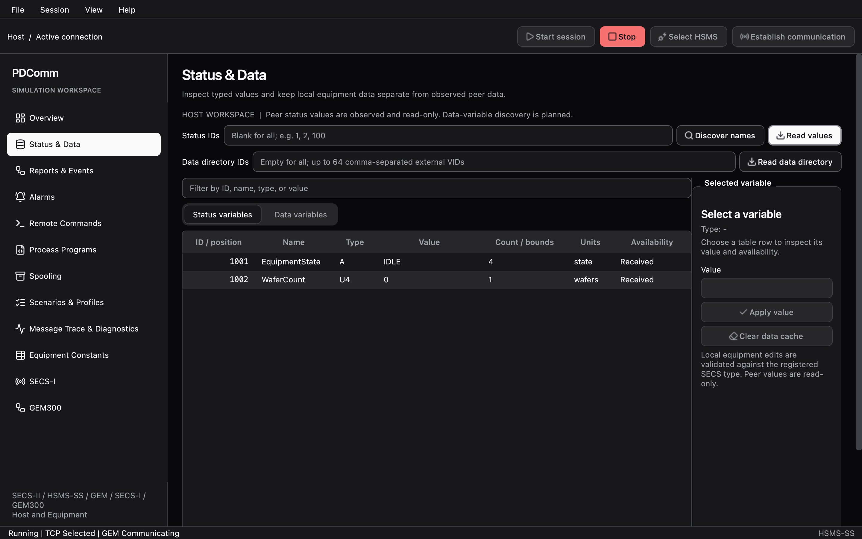 Status & Data workspace on the Host with status variables 1001 and 1002 marked Received.