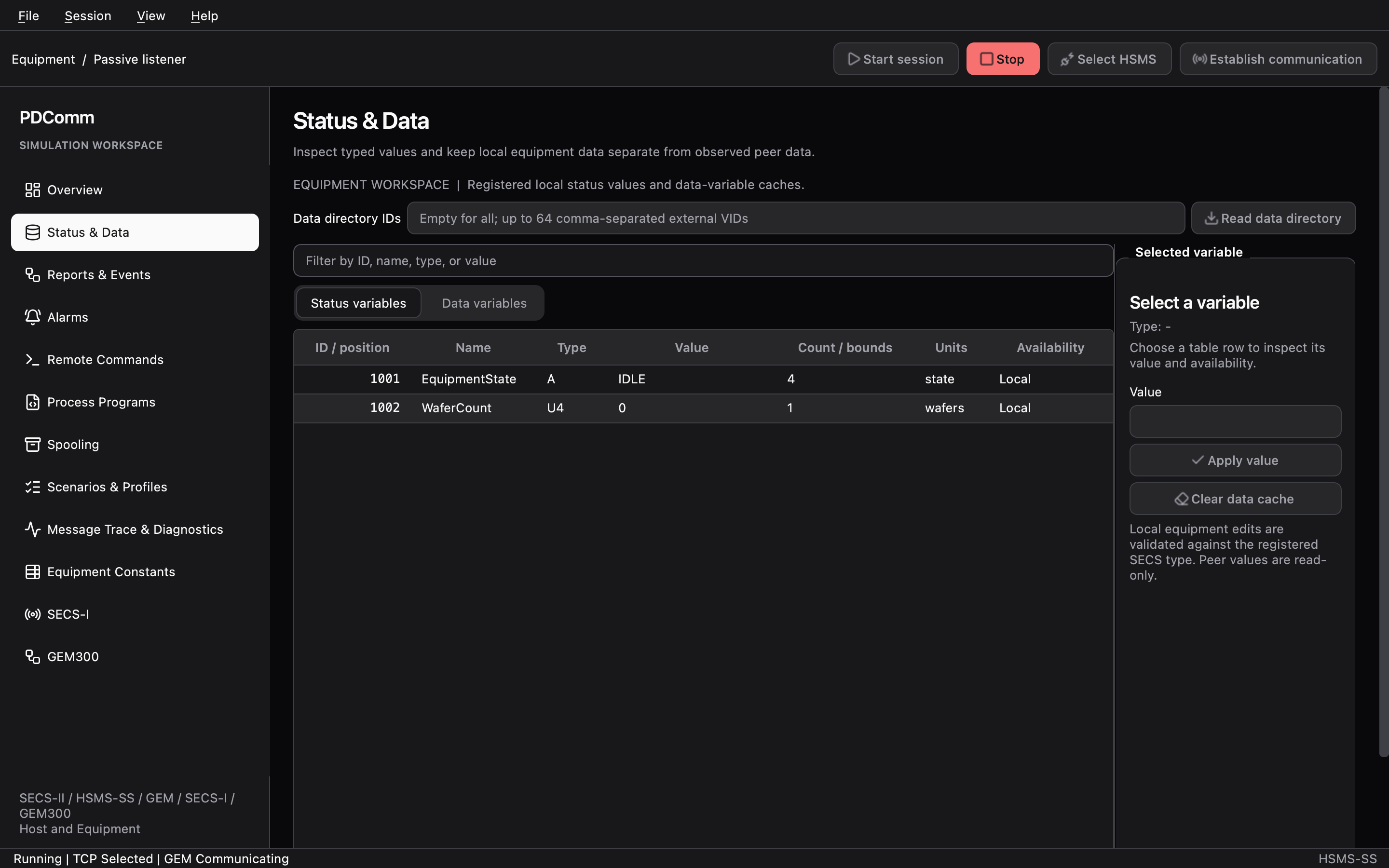 Status & Data workspace on the Equipment showing the local status variable registry.