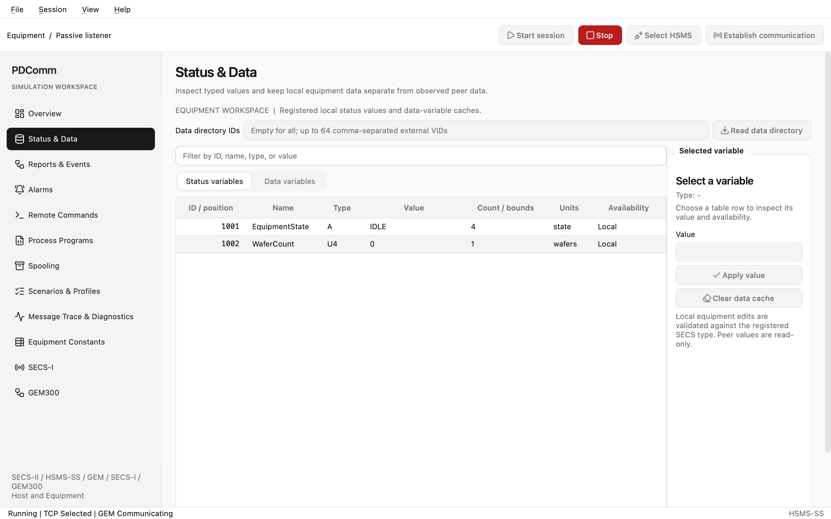 Status & Data workspace on the Equipment showing the local status variable registry.