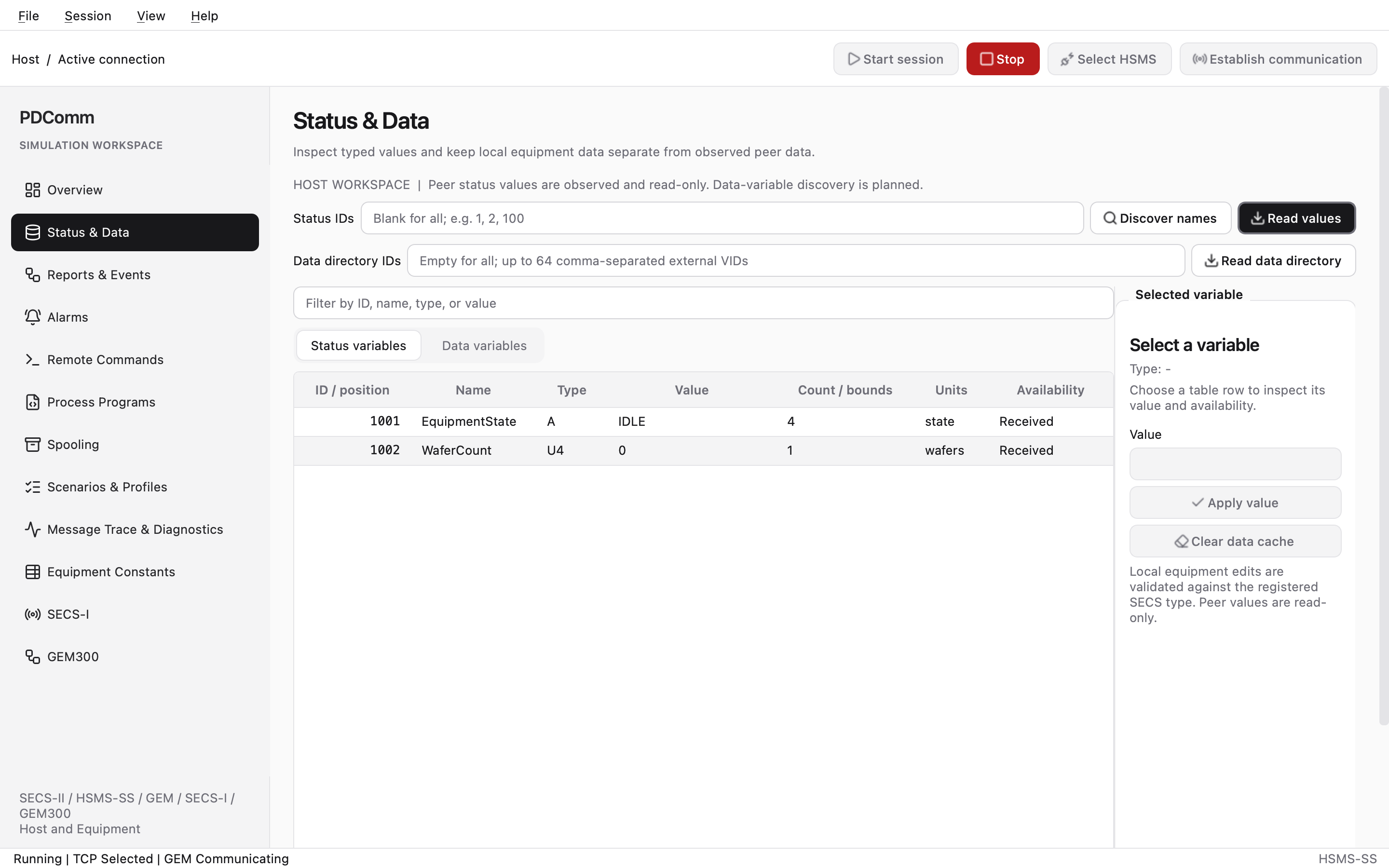 Status & Data workspace on the Host with status variables 1001 and 1002 marked Received.