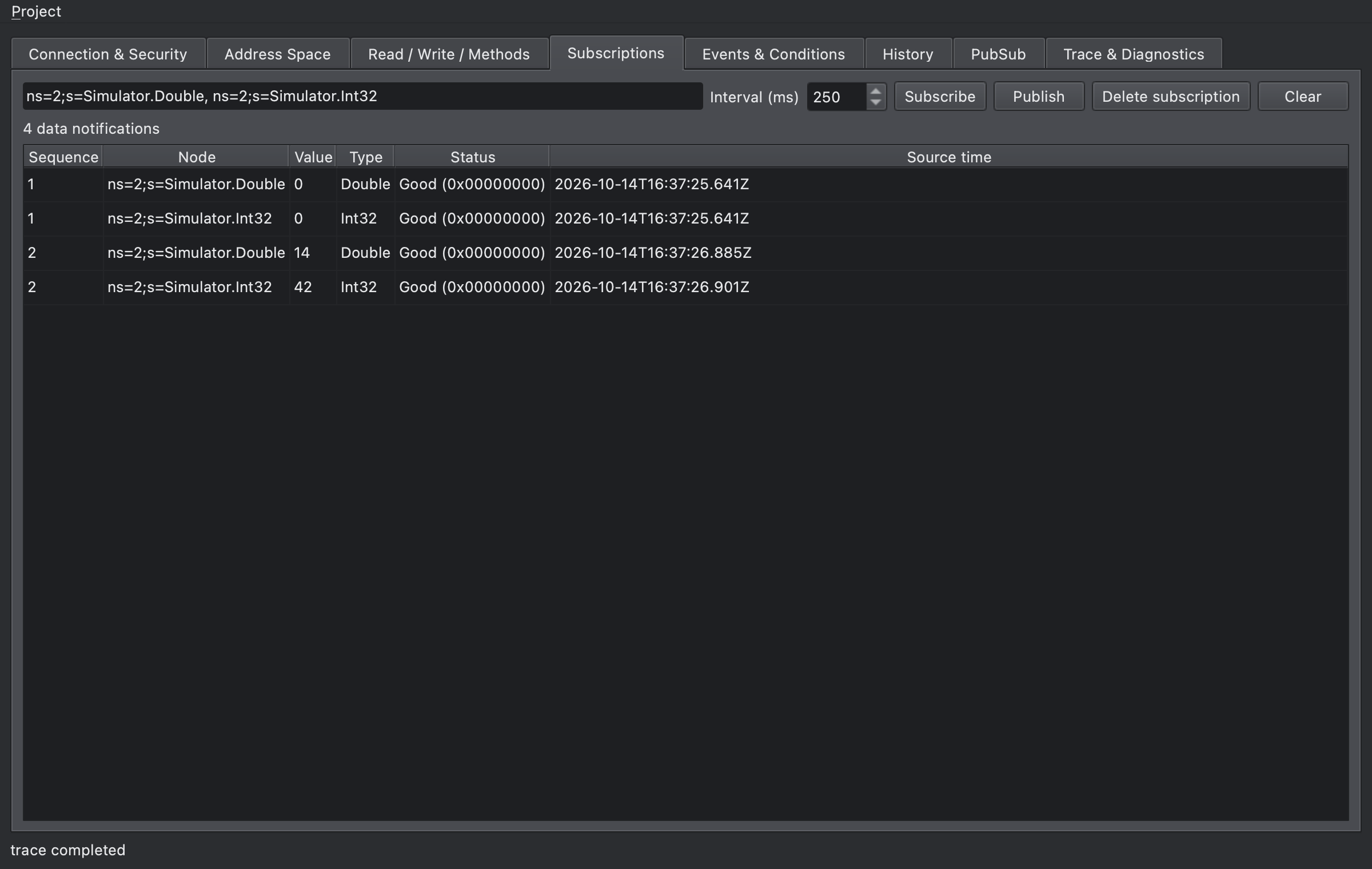 Subscriptions tab with data change notifications of two nodes in the table