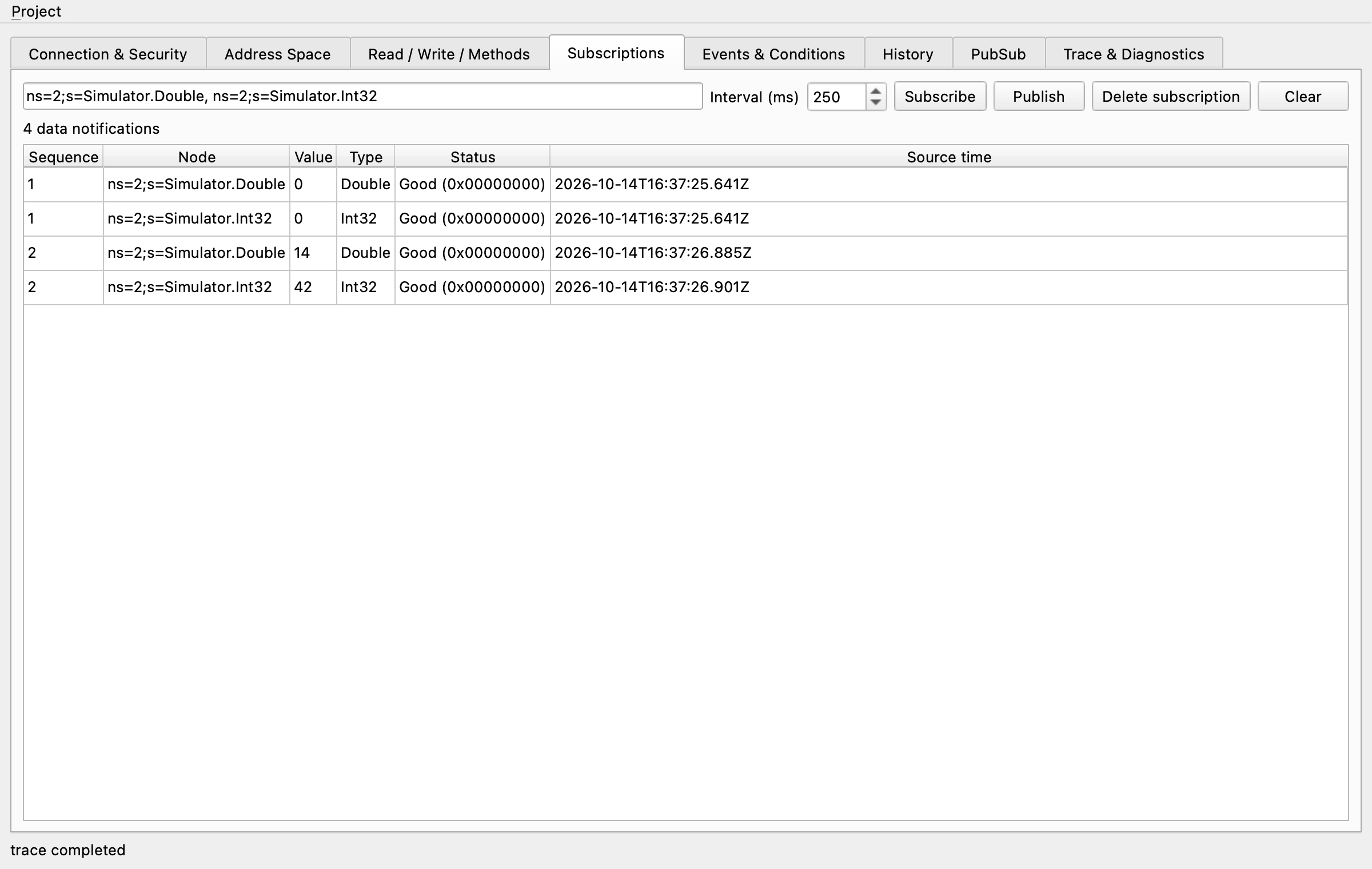 Subscriptions tab with data change notifications of two nodes in the table