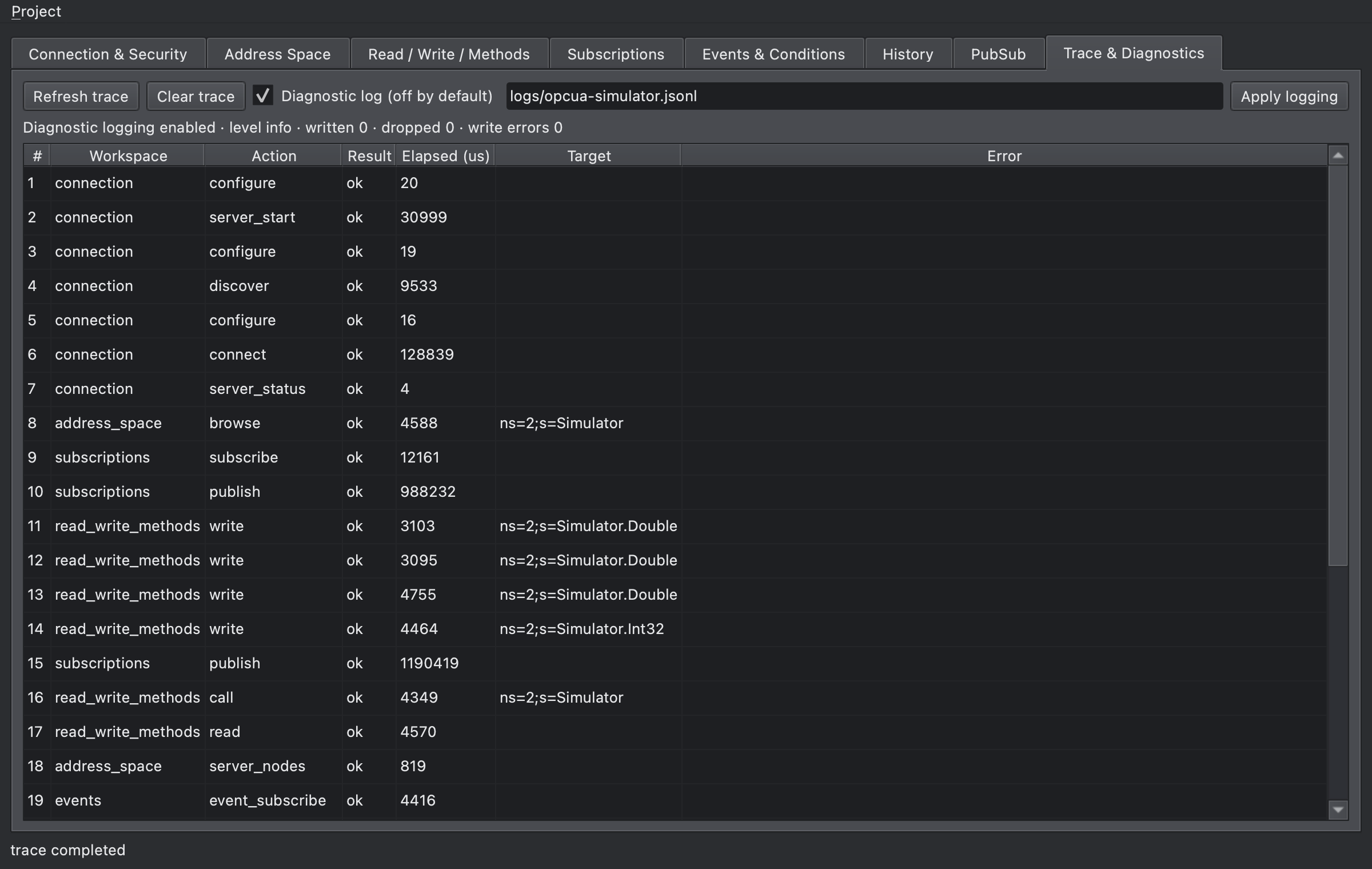 Trace & Diagnostics tab with the action record and diagnostic logging enabled