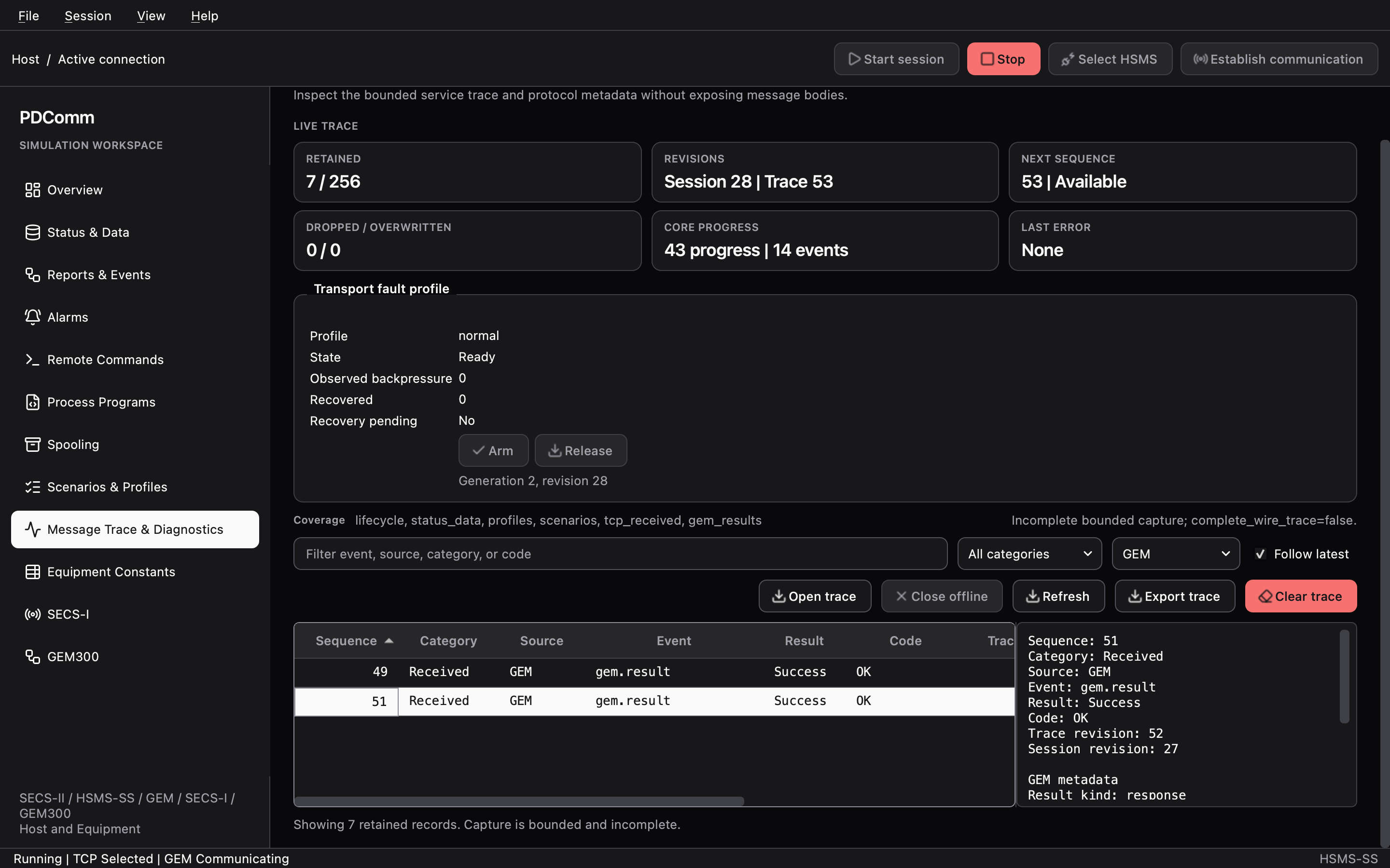 Message Trace & Diagnostics workspace on the Host with the source filter set to GEM, showing trace records and the metadata of the selected record.