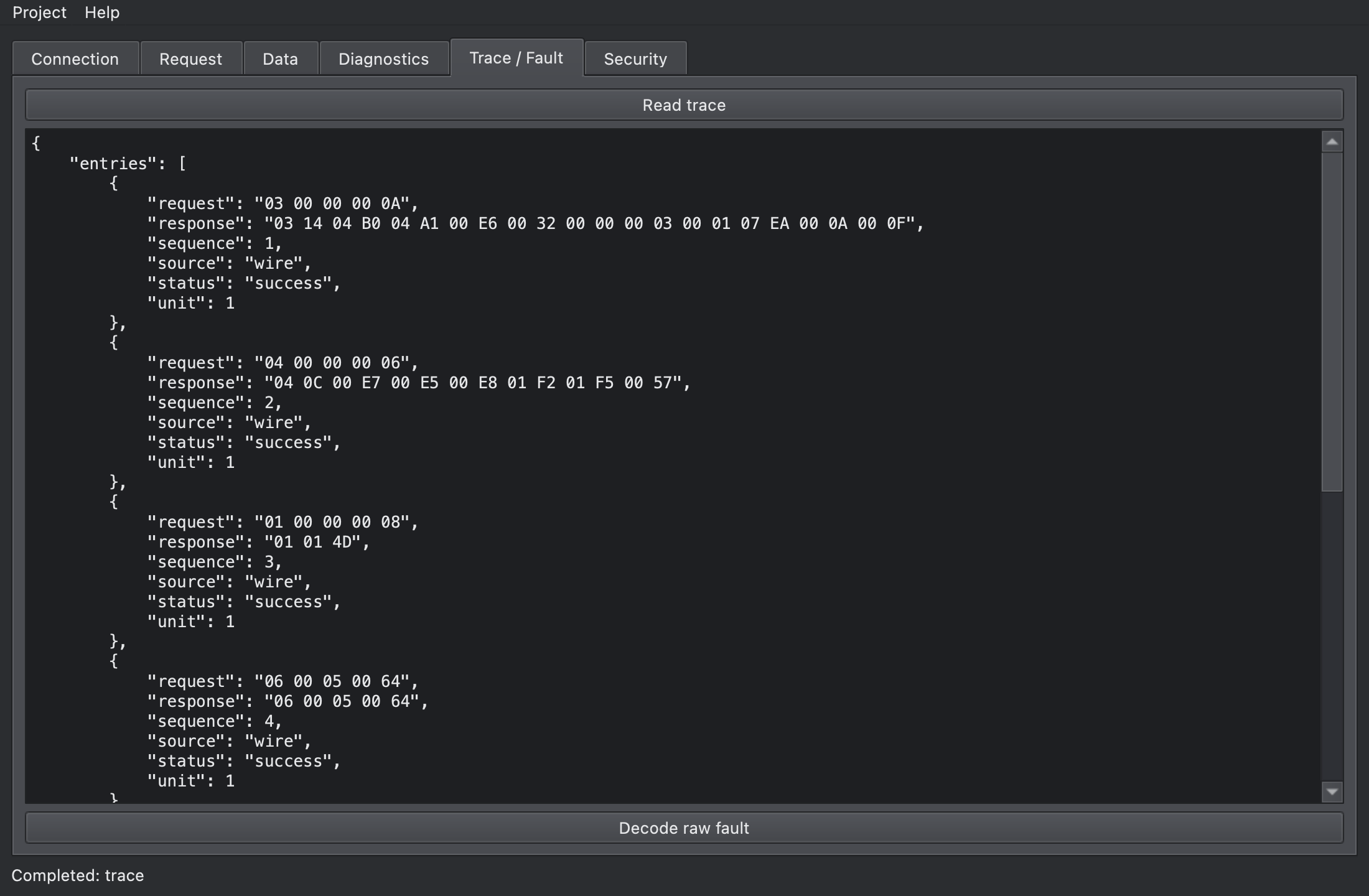 Trace / Fault tab listing wire entries with hex request and response, and the Decode raw fault button