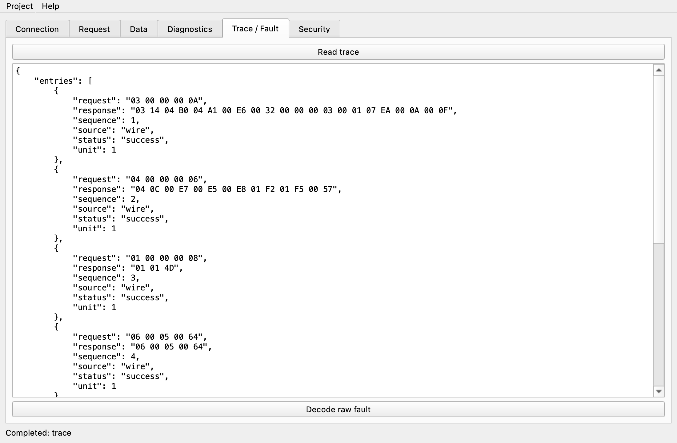 Trace / Fault tab listing wire entries with hex request and response, and the Decode raw fault button