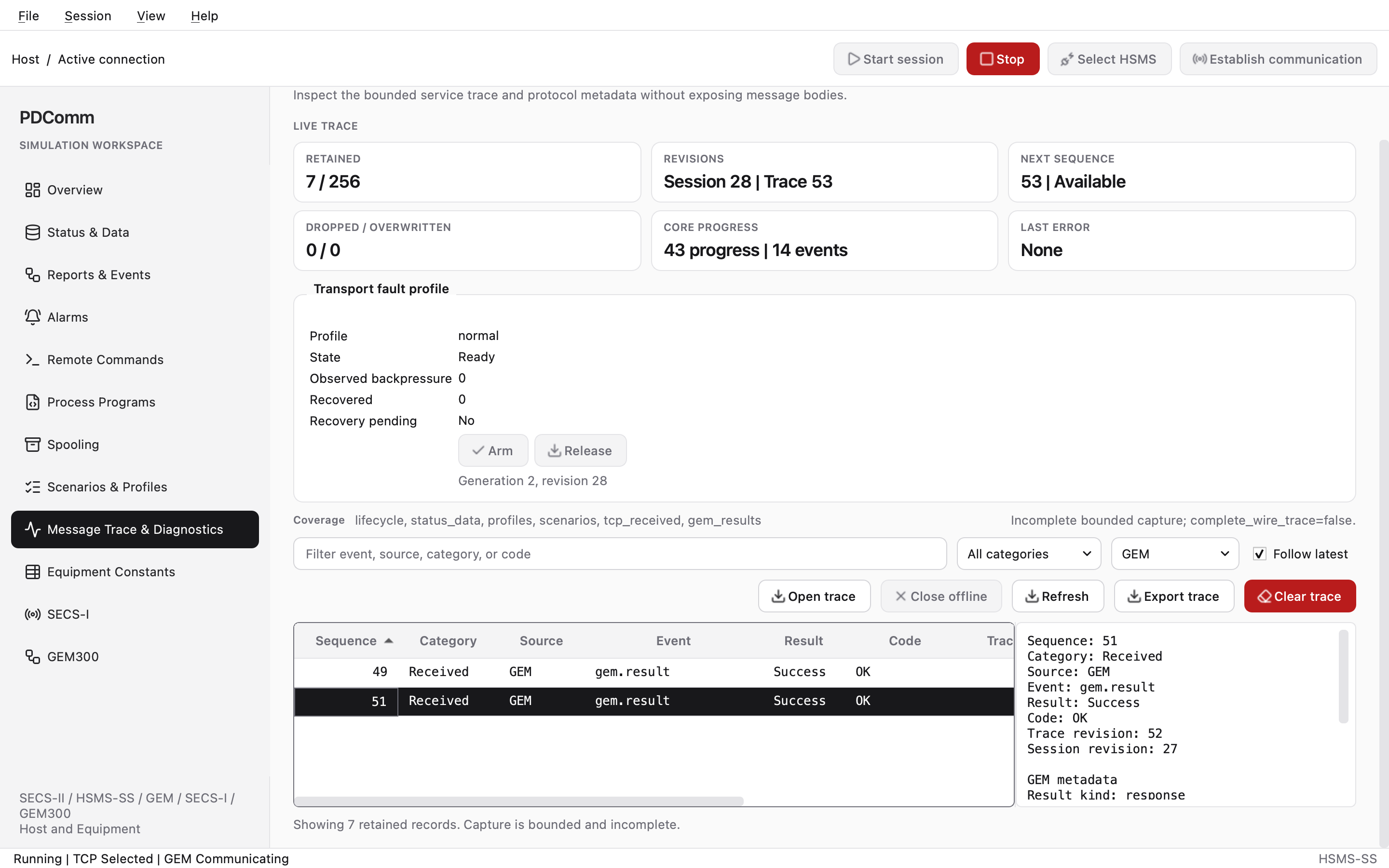 Message Trace & Diagnostics workspace on the Host with the source filter set to GEM, showing trace records and the metadata of the selected record.