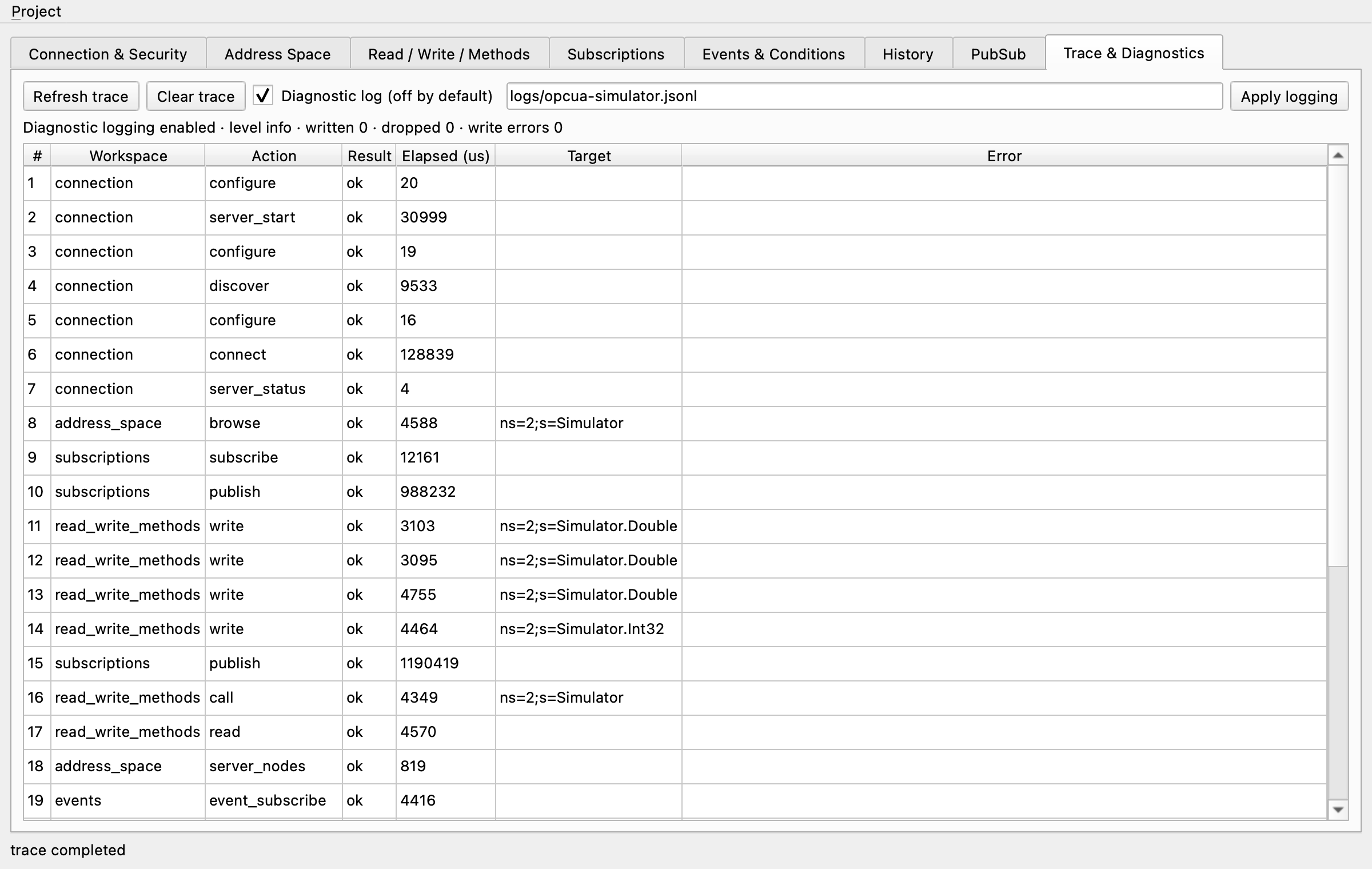 Trace & Diagnostics tab with the action record and diagnostic logging enabled