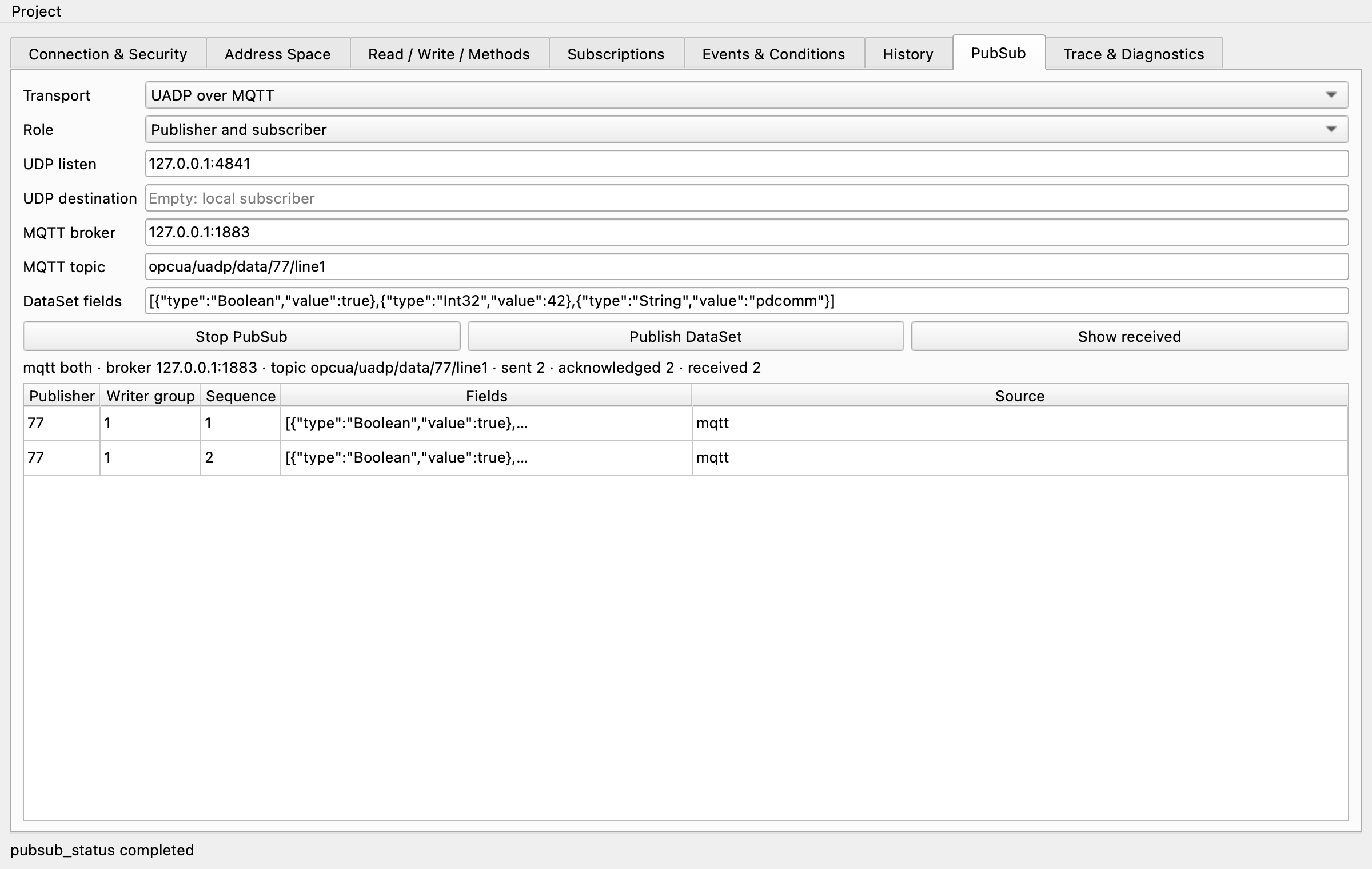 PubSub tab with Transport set to UADP over MQTT after two DataSets were published and received back