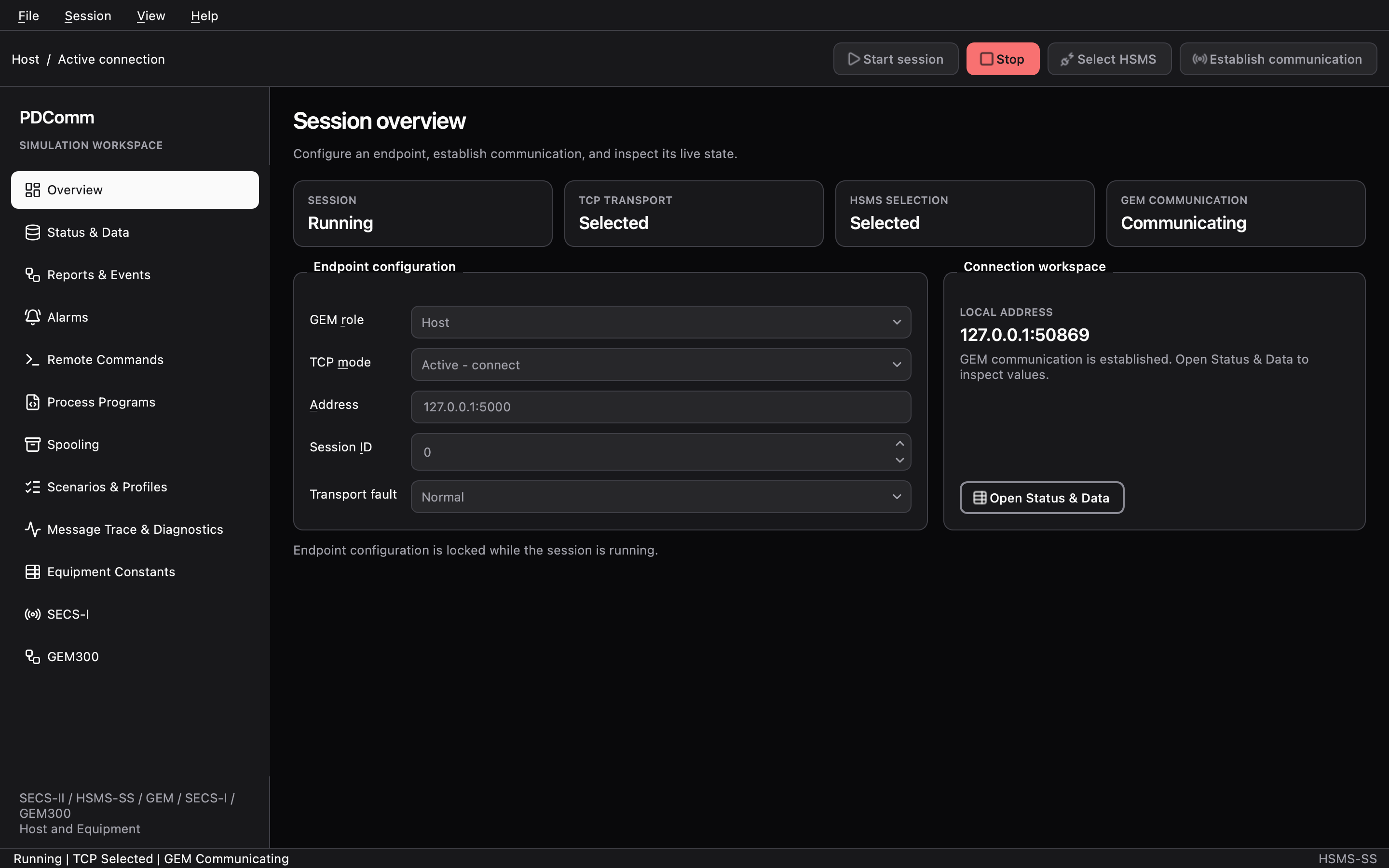 Overview workspace of the host simulator with TCP and HSMS selected and GEM communicating.