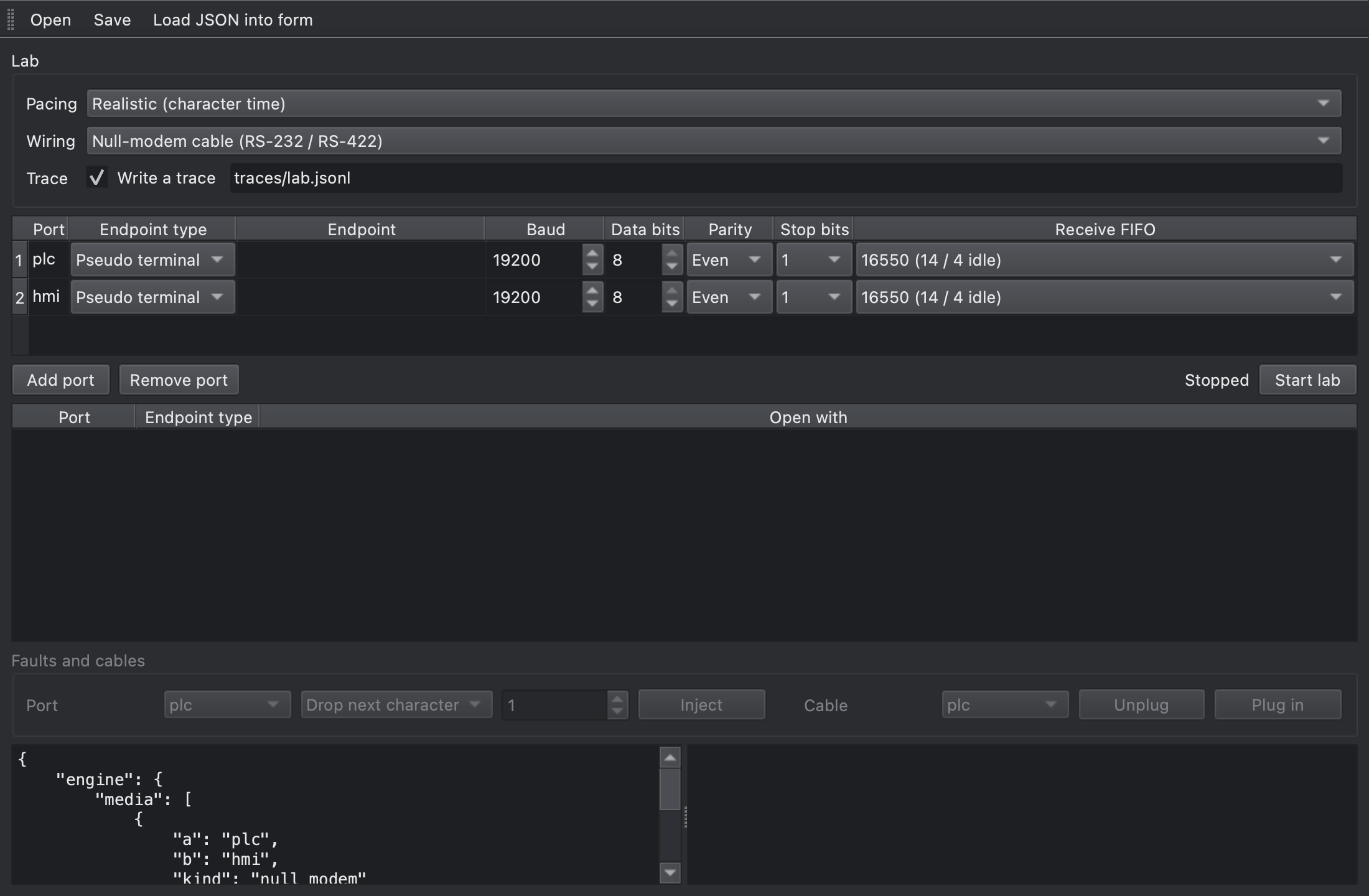 The virtual serial manager with ports plc and hmi at 19200 bit/s, even parity, joined by a null-modem cable