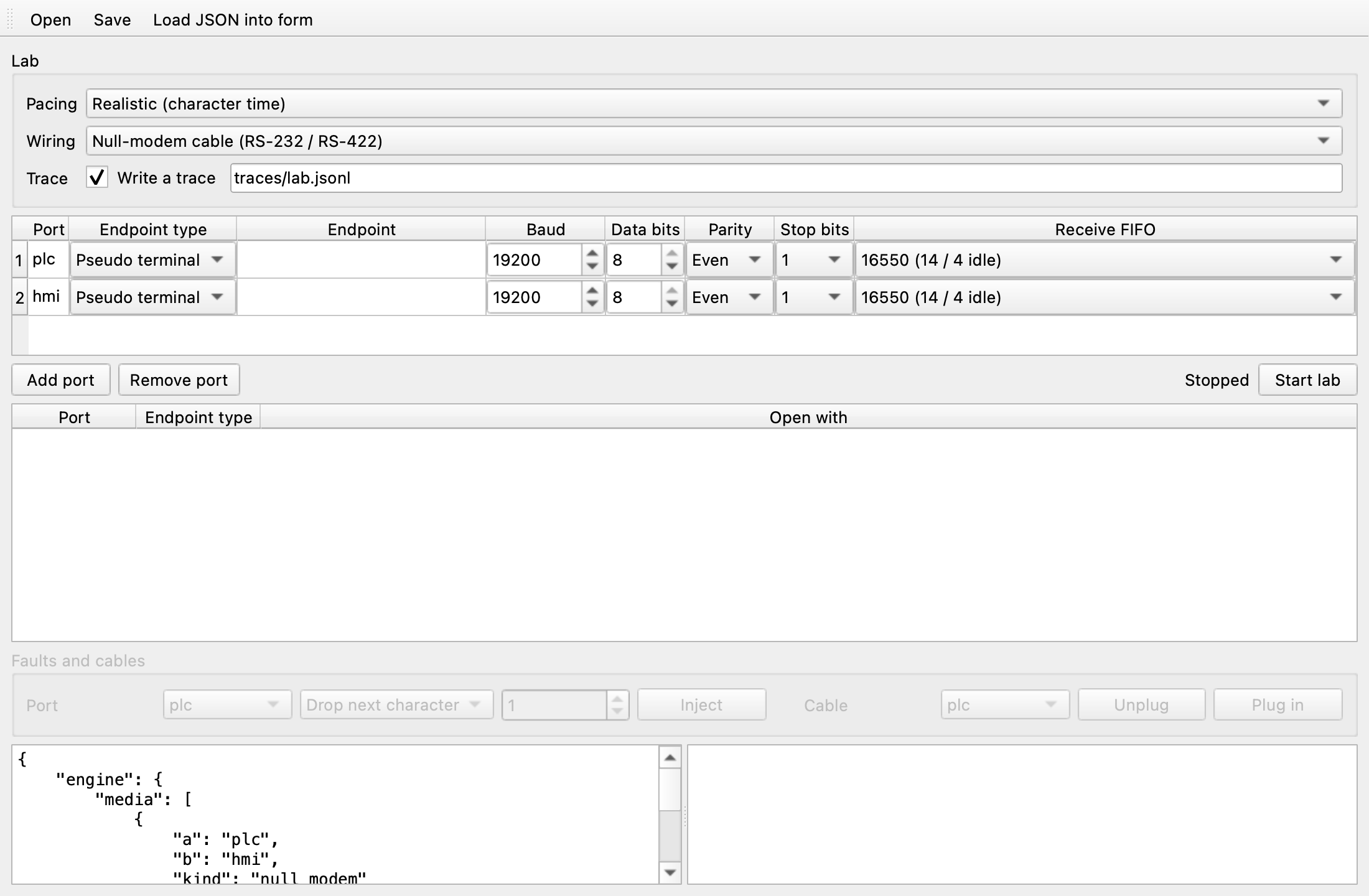 The virtual serial manager with ports plc and hmi at 19200 bit/s, even parity, joined by a null-modem cable